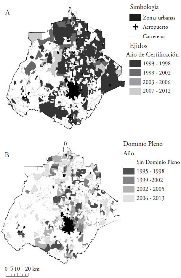 A. Ubicación de los ejidos por año de certificación; B. Ubicación de los ejidos por año de adquisición del dominio pleno.