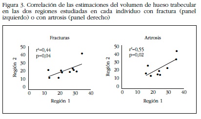 Correlación de las estimaciones del volumen de hueso trabecular
en las dos regiones estudiadas en cada individuo con fractura (panel
izquierdo) o con artrosis (panel derecho)