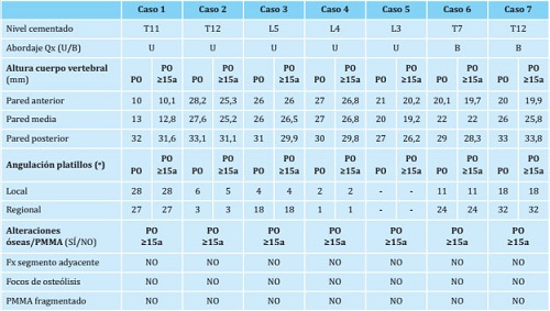  Caracterización de la VP, medidas vertebrales PO y PO =15a y datos relativos a la presencia de focos de osteólisis/fragmentación del PMMA de la serie de 7 pacientes intervenidos