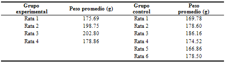 Pesos promedio durante el estudio por ratas experimentales y controles