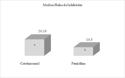 Medias obtenidas al promediarse los halos de inhibicin de las seis rplicas de antibiticos cotrimoxazol y penicilina, luego de las lecturas