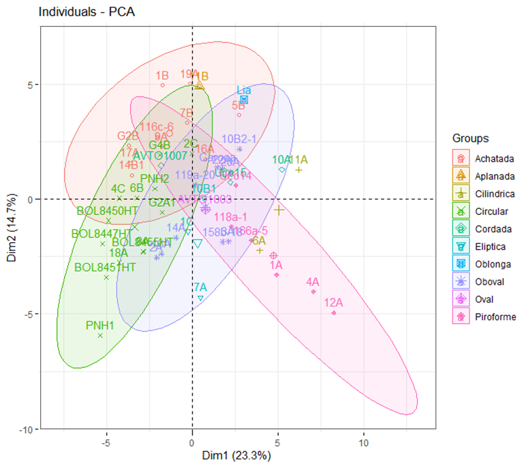 Biplot de PCA que muestra grupos de accesiones categorizadas por forma de fruto y se asignan diferentes símbolos y colores para mostrar diferentes agrupaciones