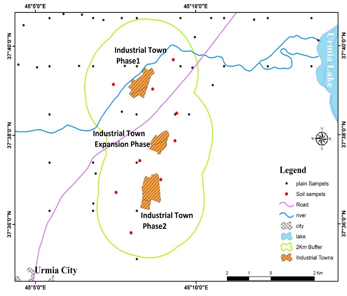 Location of soil sampling points and industrial towns of Urmia