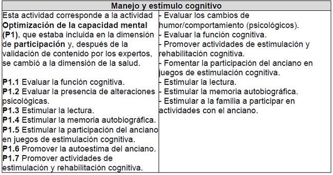 Actividades y descripciones, evaluadas y validadas por los especialistas, en la dimensi&oacute;n salud, S&atilde;o Paulo - 2015