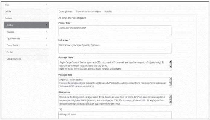 Example of the information available in the application for each antidote.