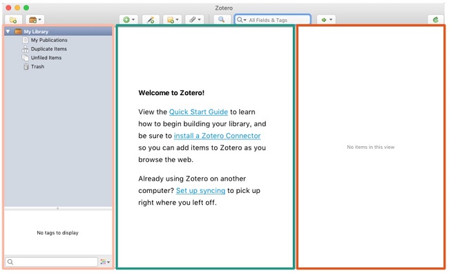 Escritorio de Zotero con sus tres columnas de trabajo
