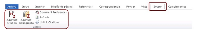 Iconos del plugin que Zotero instala en el procesador de textos Word para facilitar la inserción de citas y bibliografía en nuestro documento