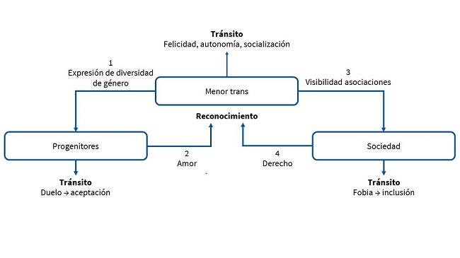 Resumen de las relaciones emergidas en las entrevistas entre menores trans, sus progenitores y la sociedad