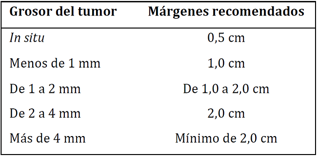 M&aacute;rgenes de escisi&oacute;n recomendados a partir del grado de profundidad de la lesi&oacute;n