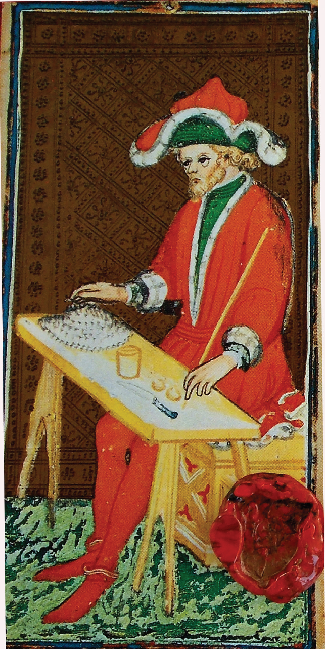 Bonifacio Bembo, El Mago del tarot Visconti, Italia, ca. 1447-1477, miniatura con taroccato. Visconti-Sforza Tarot Cards. 
