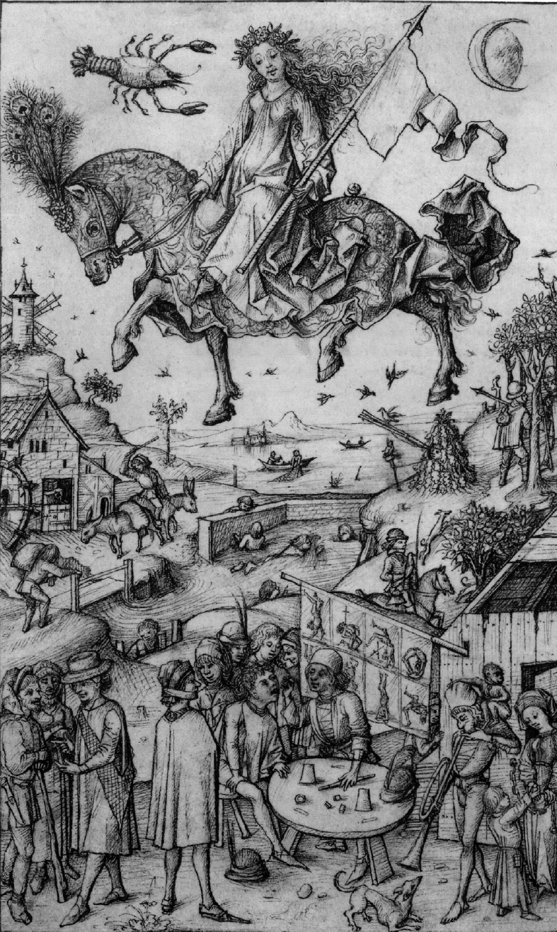 Autor desconocido de los Países Bajos, Los hijos de la Luna (Die sieben Planeten), siglo XV, grabado en madera, en Das Mittelalterliche Hausbuch, eds. Helmuth Th. Bossert y Willy F. Storck (Leipzig: 1912), placa 18. 