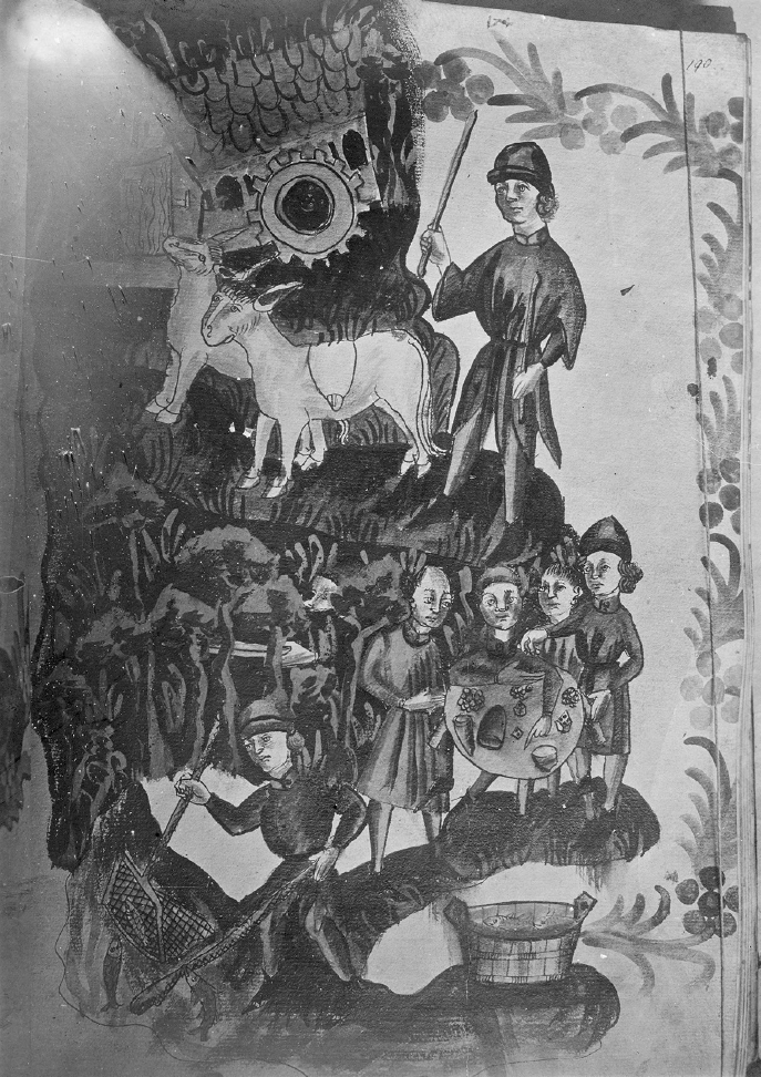 Autor alemán desconocido, Prestidigitador hijo de la Luna, grabado, ca. 1450. Planetas representados como deidades planetarias en (adaptación irregular alemana del) Miguel Escoto, Liber Introductorius (Berlín: Staatsbibliothek, ca. 1450) germ. fol. 244, fol. 190r. 