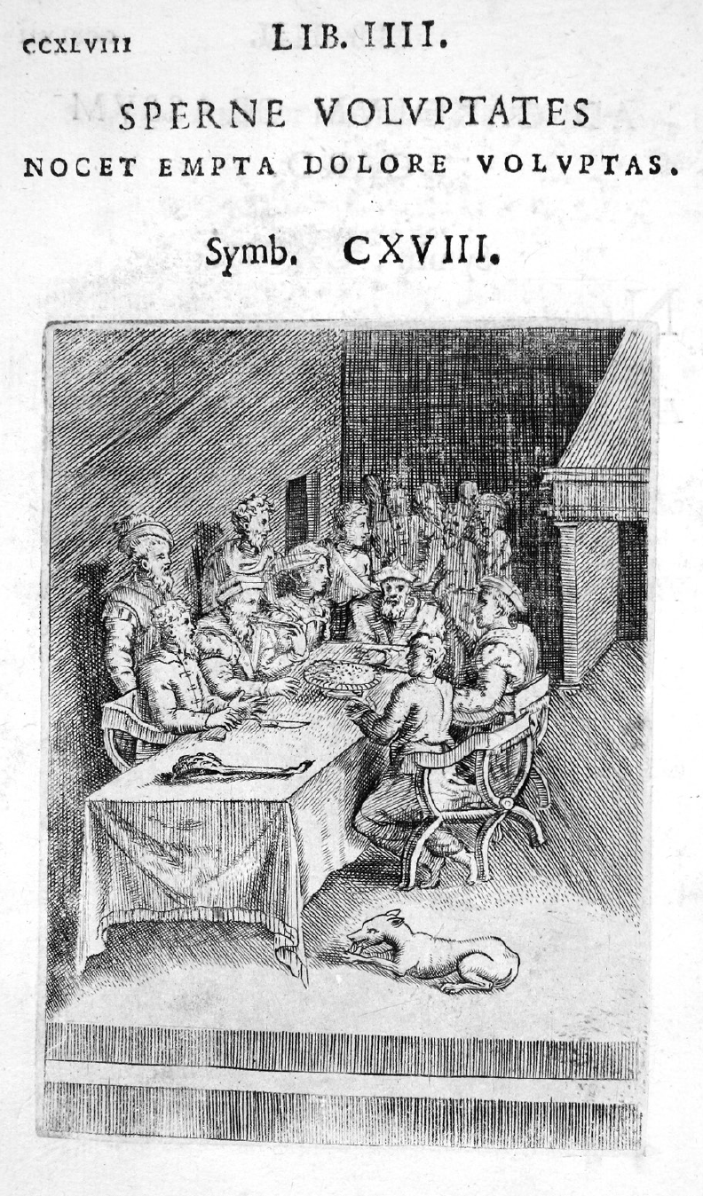 Giulio Bonasone, Symbolon CXVIII: Sperne voluptates. Nocet empta dolore voluptas, Boloña, 1574, grabado tomado de Achille Bocchi, Symbolicarum quaestionum, de universo genere, quas serio ludebat, libri quinque, lib. IIII (Boloña: Apud Societatem Typographiae Bononiensis, 1574), 248. 
