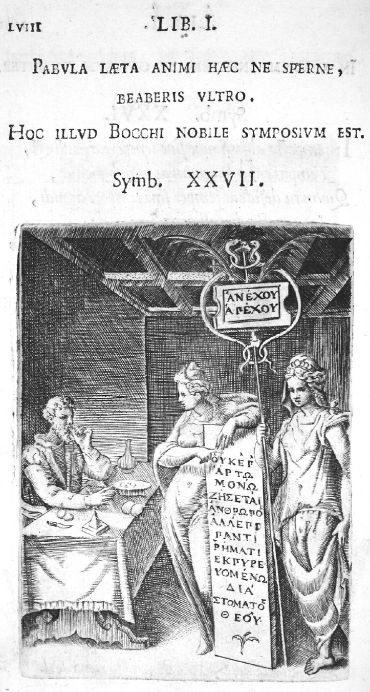 Giulio Bonasone, Symbolon XXVII: Pabula loeta animi hoec ne sper ne, beaberis vltro, Boloña, 1574, grabado tomado de Achille Bocchi, Symbolicarum quaestionum, de universo genere, quas serio ludebat, libri quinque, lib. I (Boloña: Apud Societatem Typographiae Bononiensis, 1574), 58. 