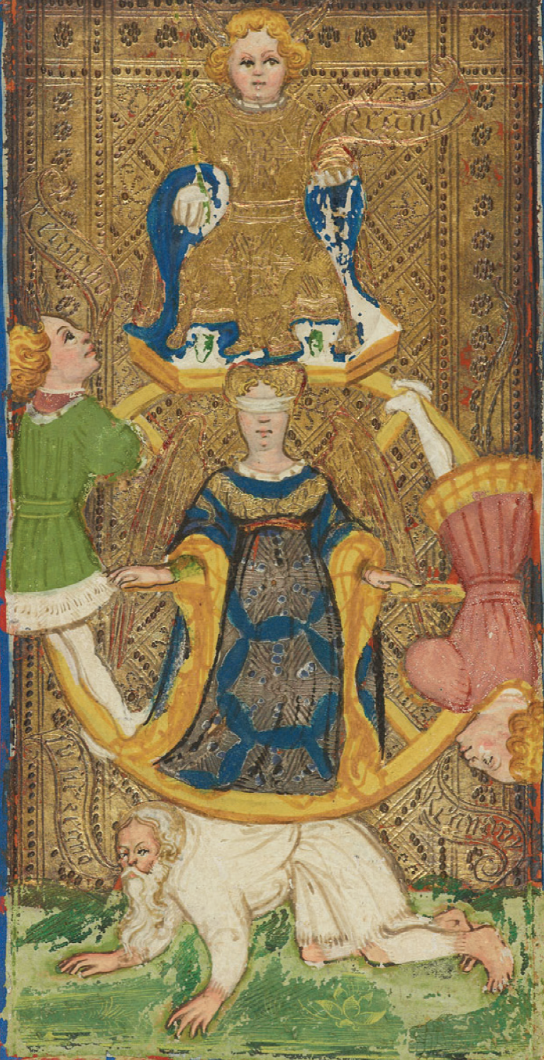 Bonifacio Bembo, La rueda de la fortuna, Italia,
								ca. 1442-1445, miniatura con
								taroccato, cartas del Tarot Visconti. 