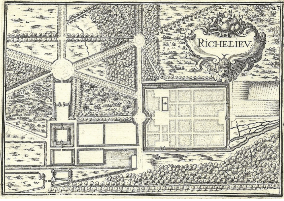 Christopher Nicolas Tassin, Plano de la ciudad de Richelieu, 1634, placa de cobre sin color, 10.5 × 15.1 cm, tomada de Les Plans et Profils de toutes les principals villes et lieux considerable de France. Ensemble les cartes generals de chacune province & les particulieres de chaque government d’icelles. Par le Sieur Tassin Geographe ordinaire de la Majesté (París: Melchior Tavernier, 1634), s.n.