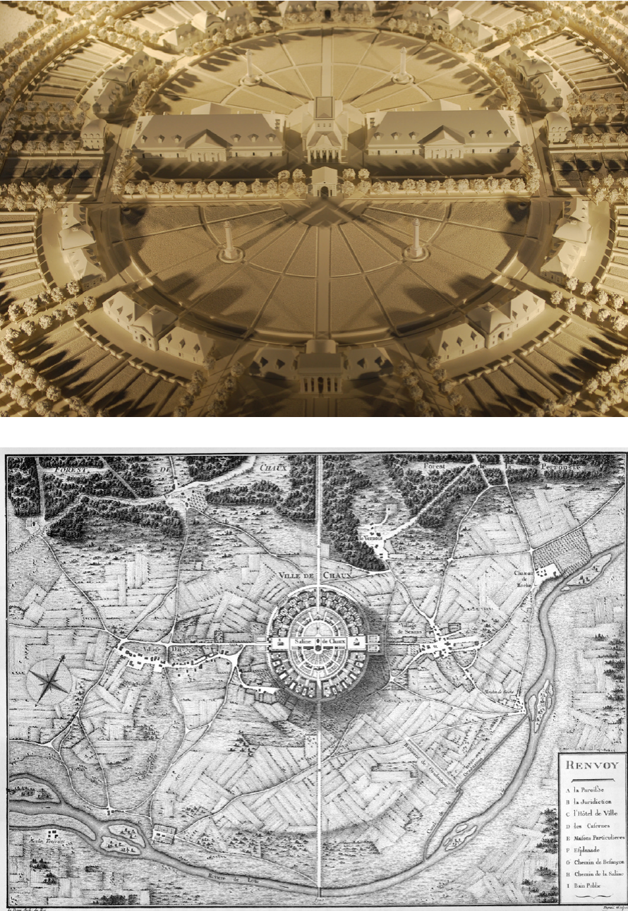 Vista aérea de Les Salines de Chaux, Musée Architecture Ledoux. Foto: Arnaud 25, cc by-sa 4.0; 2b) “Carte générale des environs de la Saline de Chaux’’ Planche 14 de “L’architecture considérée sous le rapport de l’art, des moeurs et de la législation”, París, 1804. cc 01.0