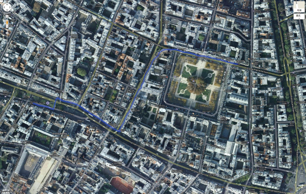 Vista aérea de la Place des Vosges, París, 2002. Google Earth.