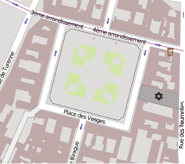 Vista en planta de la Place des Vosges, París. OpenStreetMap cc by-sa 4.0.