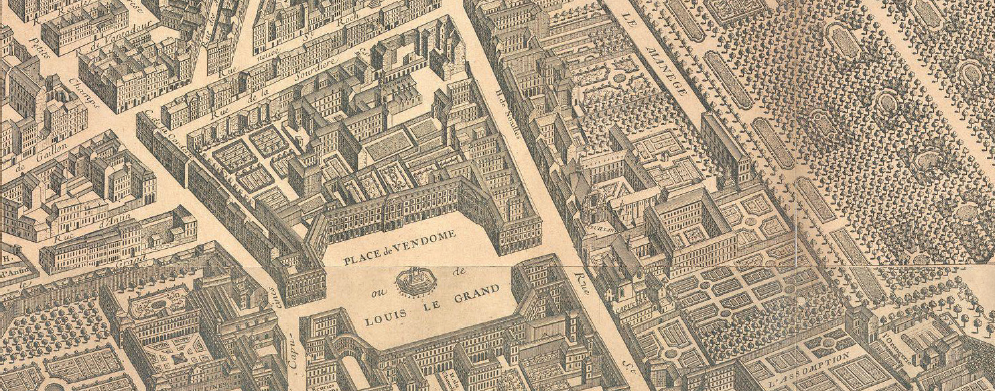 Louis Bretez, representación de la Place Vendôme, detalle de la plancha 15 y 19 del Plan Turgot de París, grabado (aguafuerte y buril), 1739, 32.5 × 48.7 cm, París, Geographicus Rare Antique Maps.