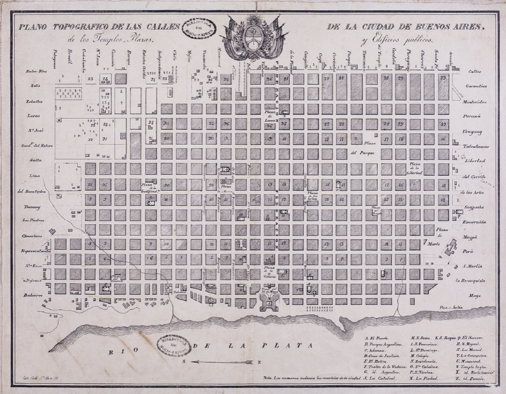 Anónimo,Plano topográfico de las calles de la ciudad de Buenos Aires, de los templos, pla zas y edificios públicos, 34 × 43 cm, siglo XIX, Biblioteca Pública Nacional Mariano Moreno, Argentina.