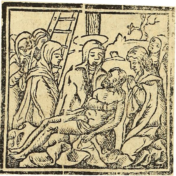 Piedad, grabado de la casa de Juan Pablos, México, ca. 1553, 5 × 5
							cm. The John Carter Brown Library.