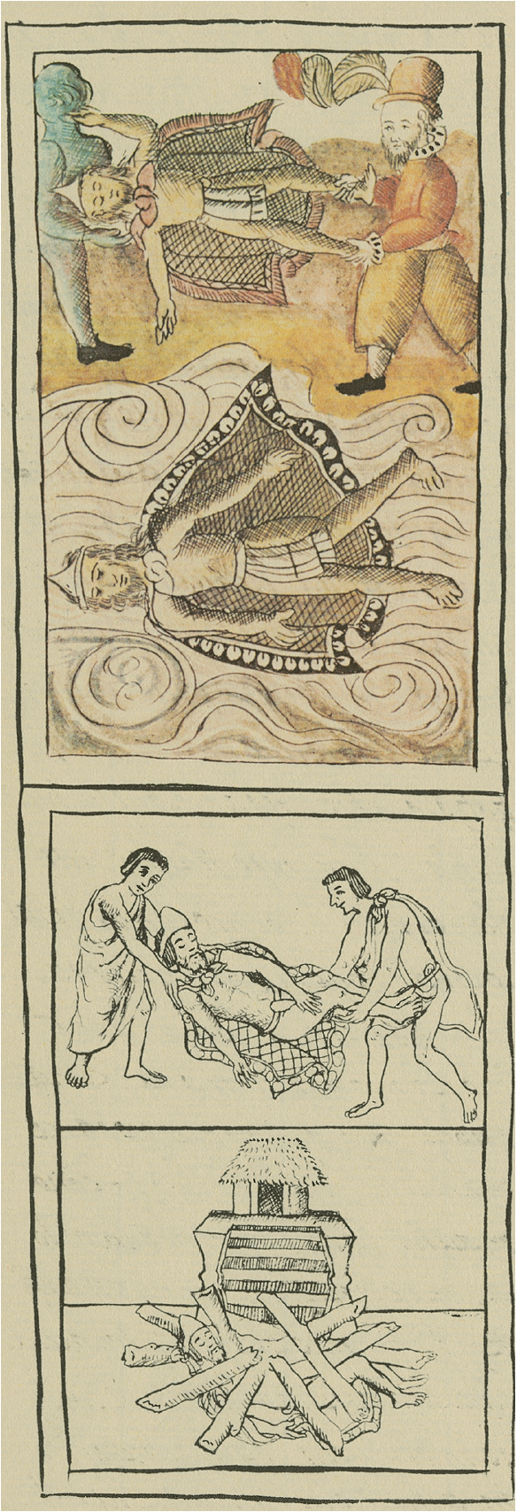 La muerte de Motecuhzoma e Itzquauhtzin, Códice florentino, t. III,
							lib. XII, f. 40v, 20 × 5 cm. Cortesía de la Biblioteca Medicea
							Laurenziana, Florencia.