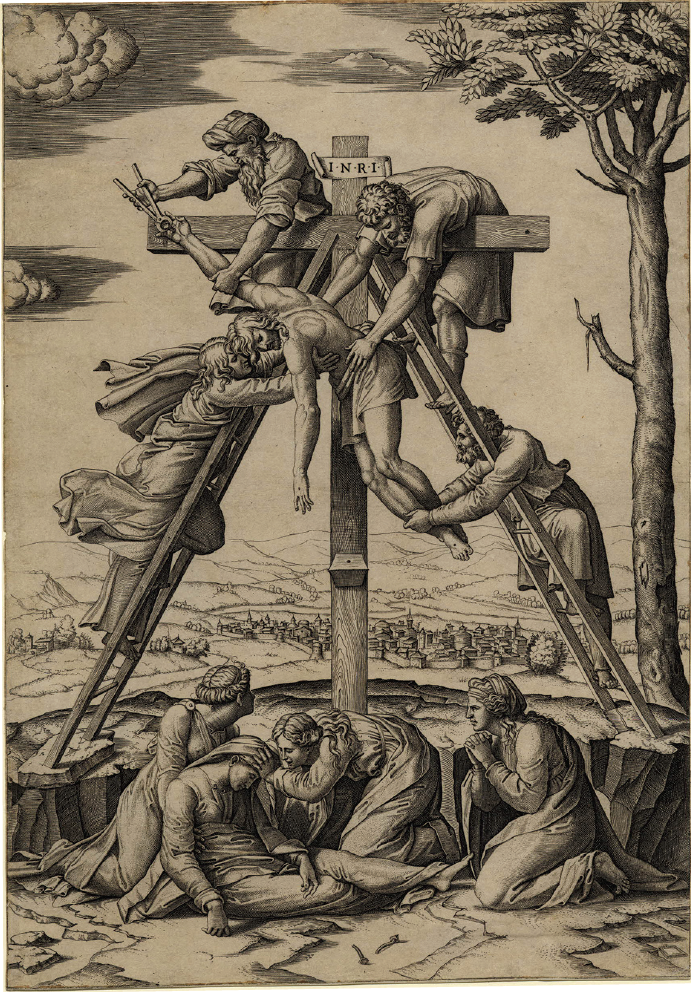 Marcantonio Raimondi, Descendimiento, basado en un original de
							Rafael, 40 × 28 cm. © Trustees of The British Museum, Londres.