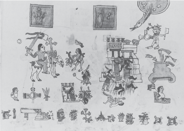 Codice 
							Vaticano A, folio 87r (siglo XVI). Registro
							de un 
							sêsemilwitlapôwali plasmado como un repertorio de
							meses que permiten datar los sucesos ocurridos en los anos 1-Aakatl y
							2-Tekpatl en los anales del codice 
							Vaticano A, tomado
							de Anders, Jansen y Reyes Garcia, 
							Religión, costumbres e
								historia de los antiguos mexicanos. Libro explicativo del llamado
								Códice Vaticano A (Mexico: ADEVA/Fondo de Cultura
							Economica, 1996).
						