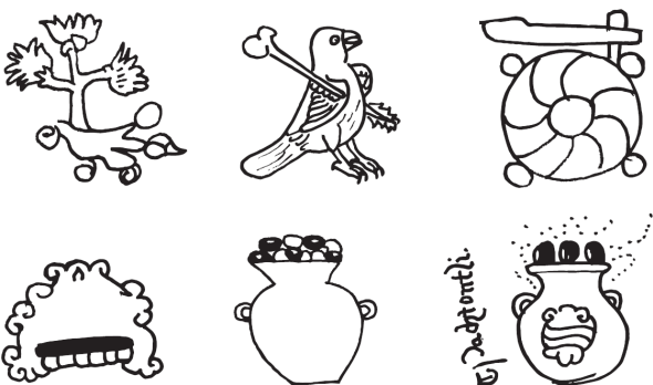 Ejemplos de los nombres de las veintenas reconstruidos en este
								estudio. (a) KwAW-a, 
								kwaw[itlew]a, Kwawitlewa, “se
								levanta/asienta el arbol”, basado en el 
								Códice Vaticano
									A, fol. 87r.); (b) [WEI] TO-so
									
								Wei-tôsostli, Weitosostli, “gran vigilia”,
								basado en el 
								Calendario de Tovar, pl.5.); (c)
								TEKW-ILWI, 
								têkwilwi[tôntli], Tekwilwitontli,
								“pequena fiesta de los senores” (
								Rueda 4 de
								Veytia); (d) TEPE, 
								Tepêilwitl, Tepeilwitl, “fiesta
								de los cerros”, basado en Sahagun, 
								Primeros
									memoriales, f. 252r); (e) ETSA/ESA
									
								etsa[lkwalistli], Etsalkwalistli, “guiso de
								frijoles con maíz [llamado
									
								etsali]
								”, basado en el
									
								Códice borbónico, lam. 26); (f ) te-e-E-ko,
									
								Teootleko, Teotleko, ‘sube el
									
								teôtl’, basado en la 
								Rueda
									Bobán. Dibujos: Ana Diaz.
							