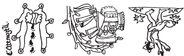 Transformacion del registro grafico de Atemostli. a) Escritura
								jeroglifica de tradicion tetzcocana
								: a-te-TEMO,
									
								a[a]temo[ostli], Atemostli (
								Rueda
									Bobán); b) iconizacion del nombre Atemostli: el chorro
								de agua que desciende (a-TEMO) se personifico con la mascara de
								Tlaloc, convirtiéndolo en una deidad (
								Códice Telleriano
									Remensis, fol.5v); c) iconizacion y resignificacion
								iconográfica del texto (a-TEMO) para transformarlo en la
								personificacion de una deidad clasica del panteón mexicano,
								representada bajo los canones figurativos europeos (Calendario de
								Duran en 
								Historia eclesiástica, f. 342r). Dibujos:
								Ana Diaz.
							