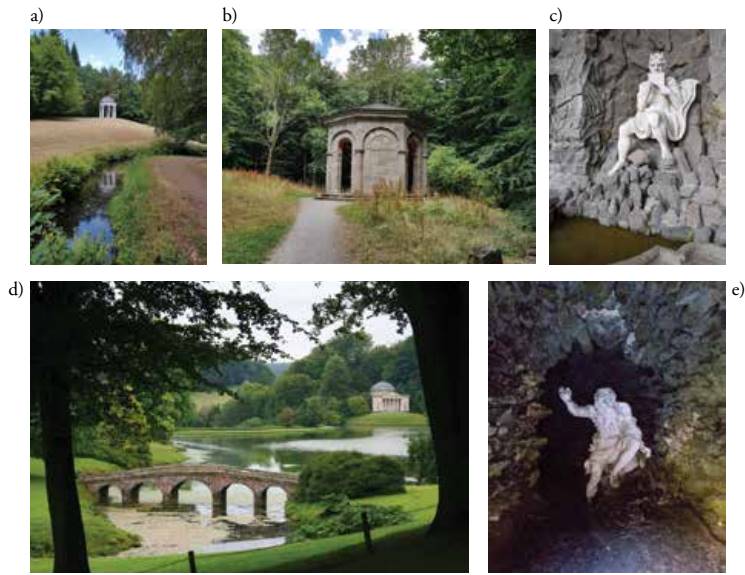 Superior: parque Wilhelmshöhe, Kassel, Alemania,
							julio de 2018. Foto del autor. Inferior: Stourhead
								Gardens, Wiltshire, Inglaterra. Tomadas de https://www.nationaltrust.org.uk/stourhead,
							consultadas el 1 de noviembre de 2018.