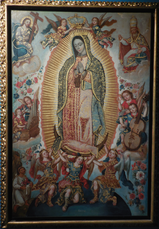 Anónimo novohispano, La Virgen de Guadalupe con la Santísima Trinidad, los arcángeles Miguel, Gabriel y Rafael, ángeles músicos y Juan Diego, 1787, óleo sobre tela, colección Rodrigo Rivero Lake. Foto: Guillermo Arce.