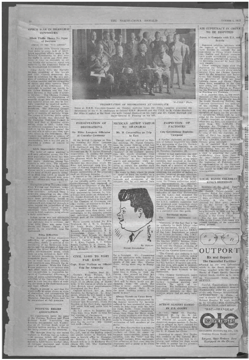 Georgii Avksent'ievich Sapojnikoff "Sapajou", Portrait of Miguel Covarrubias, in The North-China Daily News (2 October 1933), p. 18.