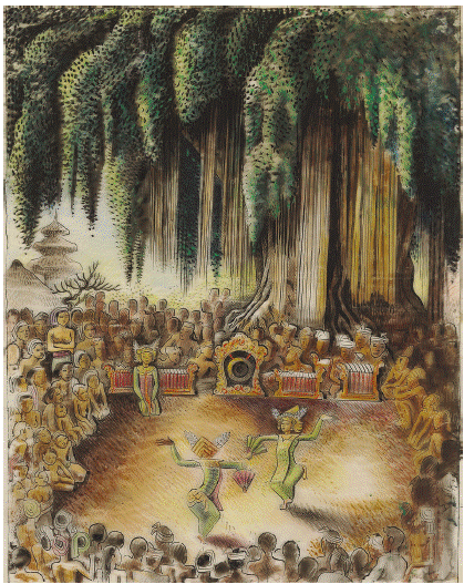 Miguel Covarrubias, Legong Performance under a Banyan Tree, gouache on paper, 48.2 &times; 38.1 cm, Museum Pasifika, Bali.