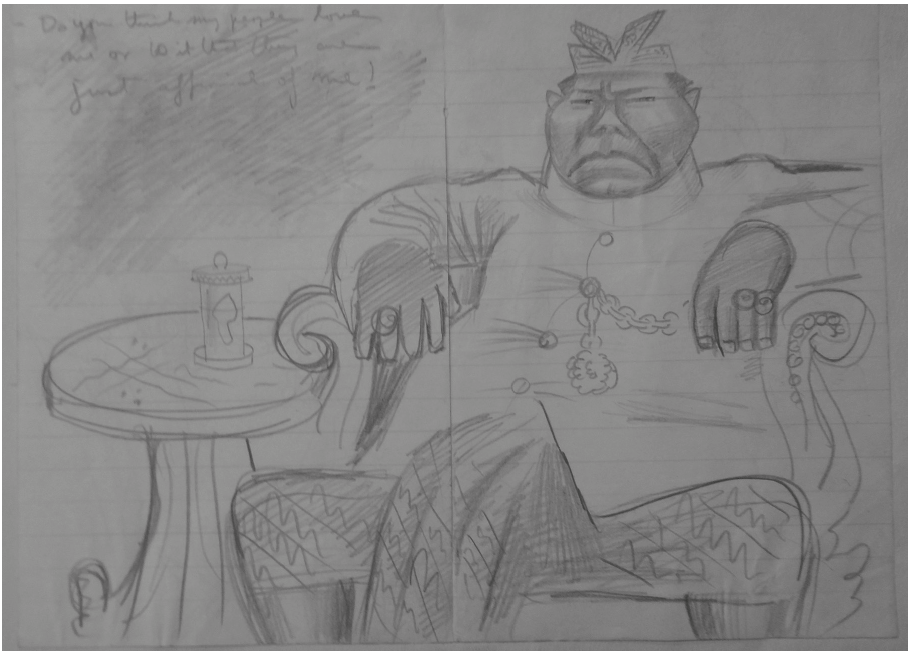 Miguel Covarrubias, Sketch of Balinese raja, Archivo Miguel Covarrubias. Sala de Archivos y Colecciones Especiales, Direcci&oacute;n de Bibliotecas, Universidad de las Am&eacute;ricas, Puebla.