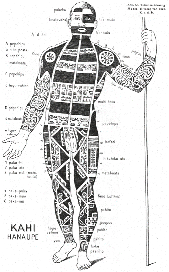 Karl von den Steinen, Dise&ntilde;o de un hombre de Hivaoa visto por delante por el tuhuna Kahi de Hanaupe, en Karl von den Steinen, Die Marquesaner und ihre Kunst. Studien &uuml;ber die Entwicklung primitiver S&uuml;dseeornamentik nach eigenen Reiseergebnissen und dem Material der Museen. Band I. Tatauierung (Berl&iacute;n: Dietrich Reimer, 1925), 125.