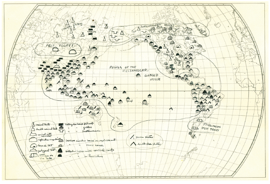 Miguel Covarrubias, Native Dwellings of the Pacific Area (boceto), ca. 1938. No. Cat&aacute;logo: 7410. Archivo Miguel Covarrubias. Sala de Archivos y Colecciones Especiales, Direcci&oacute;n de Bibliotecas, Universidad de las Am&eacute;ricas, Puebla.