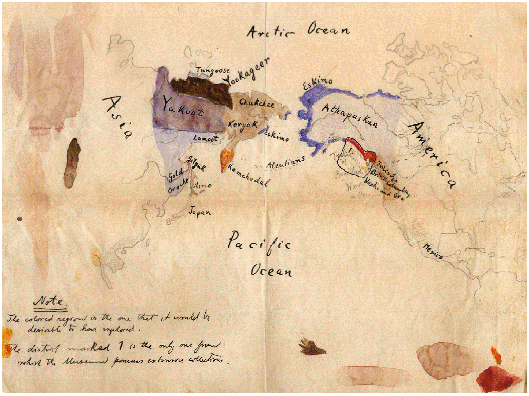 Franz Boas, Hand-Colored Culture Distribution Map, 1896 (?). No. Cat&aacute;logo: Z/171. Courtesy of the Division of Anthropology. American Museum of Natural History.