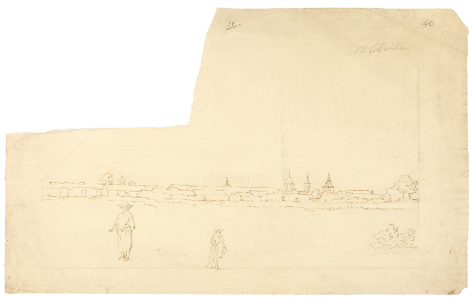 Felipe Bauzá, Vista de Santiago de Chile, 1790, Museo Naval, Madrid, Fondo Malaspina, carp. 2-13.