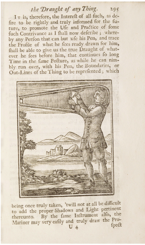 Instrumento de dibujo de Robert Hooke, "An Instrument of Use to take the Draught, or Picture of any Thing, Communicated by Dr. Hook (sic) to the Royal Society Dec. 19, 1694", tomado de W. Derham, F.R.S., Philosophical Experiments and Observations of the Late Eminent Dr. Robert Hooke S.R.S. and Geom Prof. Grelh and Other Virtuoso's in his Time (Londres: W. and J. Innys, 1727), 295, consultado el 27 de enero de 2021, en https://echo.mpiwg-berlin. mpg.de/ECHOdocuView?url=/mpiwg/online/permanent/library/RT3R12V8/pageimg&start=241&viewMode=images&mode=imagepath&pn=314.