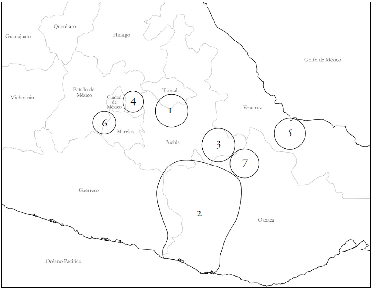 Mapa de las posibles zonas de procedencia del Códice Laud, según 1) Martínez Marín, Corona Núñez y Carrera Stampa; 2) Robertson; 3) Seler; 4) Del Paso y Troncoso y Ségota; 5) Burland, Nicholson y Anawalt; 6) Nowotny; 7) Anders, Jansen y Cruz. Dibujo: Citlali Coronel.