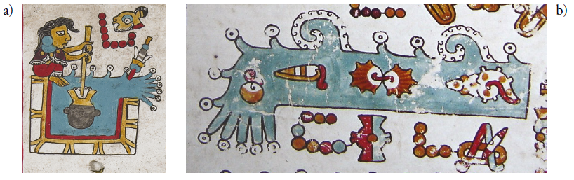a) Lámina 74, detalle, Códice Nuttall. Museo Británico, Londres, Reino Unido; b) lámina 47, detalle, Códice Vindobonensis.
