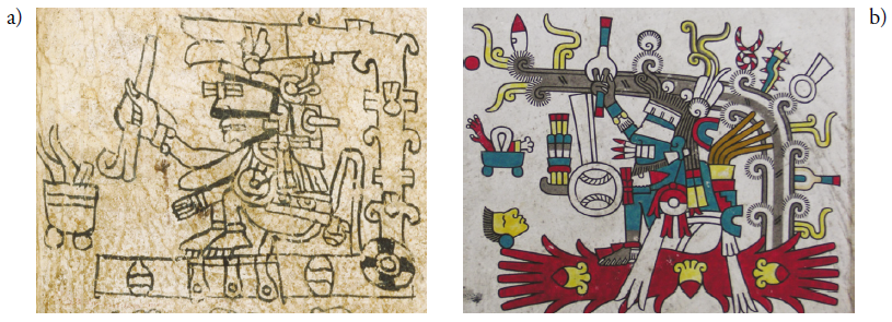 a) Lámina 42, detalle, Códice Porfirio Díaz, tomada de Códices Cuicatecos: Porfirio Díaz y Fernández Leal, Sebastián van Doesburg, coord. (México: M. A. Porrúa-Gobierno del Estado de Oaxaca, 2001); b) lámina 12, detalle, Códice Laud. Biblioteca Bodleiana, Oxford, Reino Unido. Foto de la autora, 2009.
