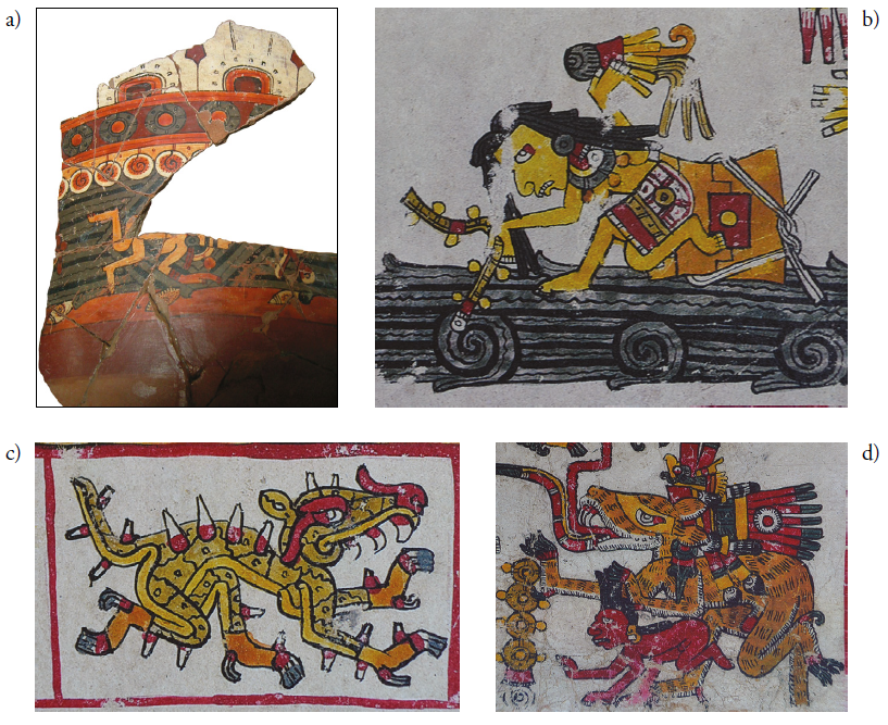 a) Fragmento, vasija de Ocotelulco, Tlaxcala, Museo de Sitio de Ocotelulco, Tlaxcala. Foto de la autora, 2004. Secretaría de Cultura-INAH-MÉX. "Reproducción autorizada por el Instituto Nacional de Antropología e Historia"; b) lámina 65, detalle, Códice Borgia, reprografía; c) lámina 21, detalle, Códice Borgia; d) lámina I0, detalle, Códice Borgia, reprografía.