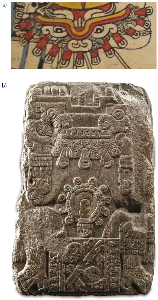 a) Lámina 9, detalle, Códice Borbónico, Biblioteca de la Asamblea Nacional, París, Francia. Foto de la autora, 2016; b) relieve de Tlaltecuhtli, Museo Nacional de Antropología.