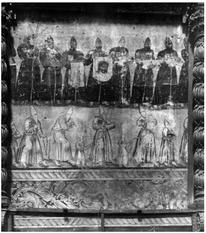 The Penance Procession of the Confraternity of the True Cross, detail of a 16th century mural painting, Church of Saint Michael the Archangel, Huejotzingo, Puebla, Mexico. Archivo Fotográfico "Manuel Toussaint", IIE, UNAM. Secretaría de Cultura INAH-Méx. "Reproducción autorizada por el Instituto Nacional de Antropología e Historia".