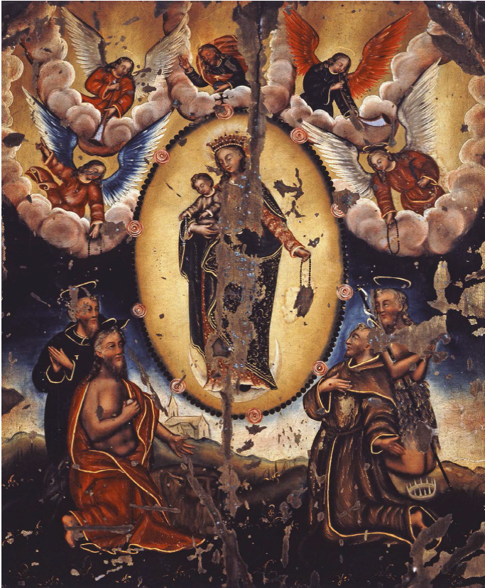 The Virgin of the Rosary with the Christ Child and Four Holy Hermits, oil painting on metal plate, early 17th century. © Sendai City Museum.