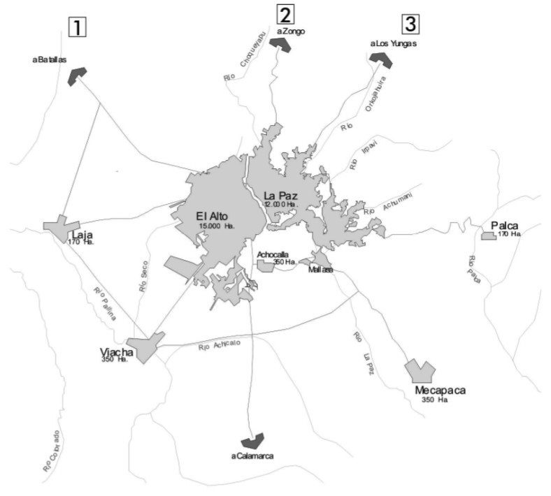 Tendencias históricas de crecimiento de La Paz y El Alto (1 a Batallas, 2 a Zongo, 3 a Yungas, 4 a Calamarca y Oruro, 5 a Viacha