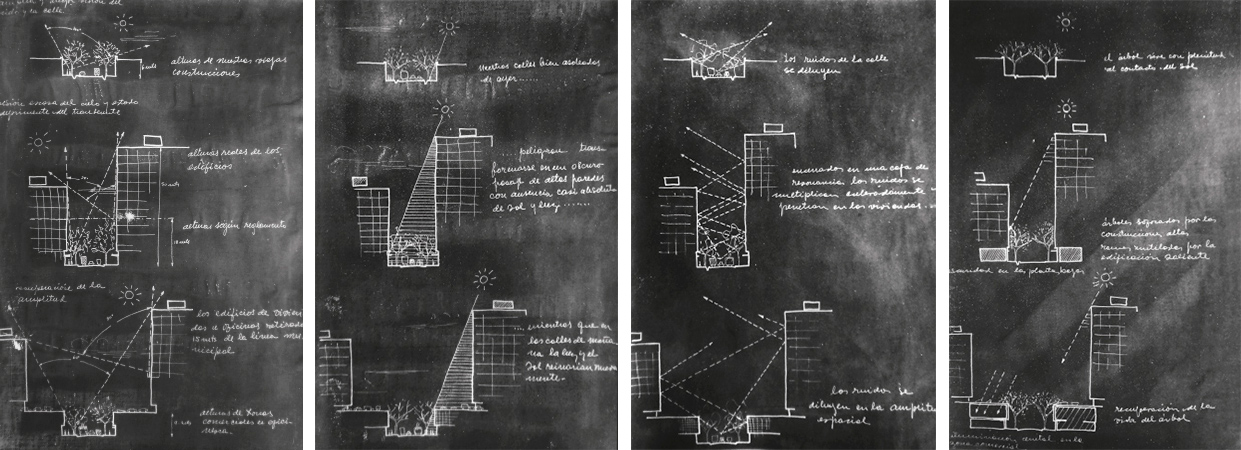 Esquemas de edificacin en altura: efectos visuales y asoleamiento y efectos  acsticos y asoleamiento y arboleda urbana. Fuente: Oficina de Planeamiento  (1961)
